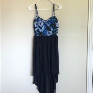 Navy blue and floral, high-low dress